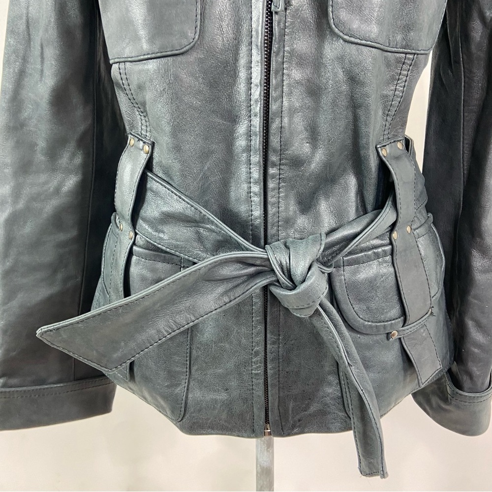 Vincent’s charcoal gray black belted leather moto biker jacket. - Picture 3 of 15
